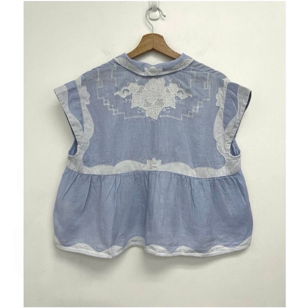 LIKE NEW Anthropologie Light Blue and Cream Short Sleeve Peplum Button Top - Picture 4 of 14